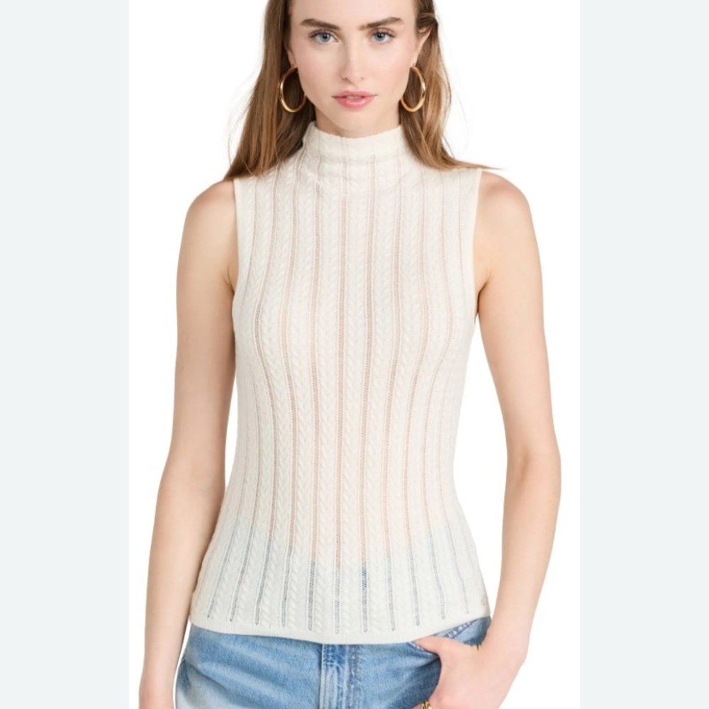Rag & Bone Christina‎ Women's Cable Sleeveless Turtleneck Top Ivory 100% Wool L